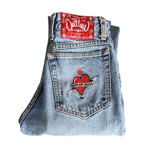 OUTLAW DENIM x VINTAGE High rise straight leg light wash rocker denim heart - Picture 1 of 7
